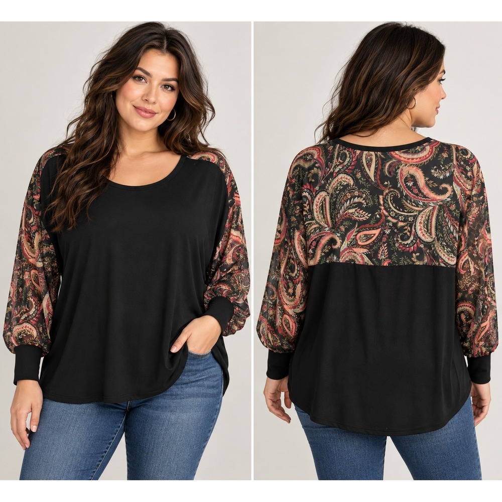 Dark Romantic Black Paisley Chiffon Sleeve Blouse Chico's 4 XXL